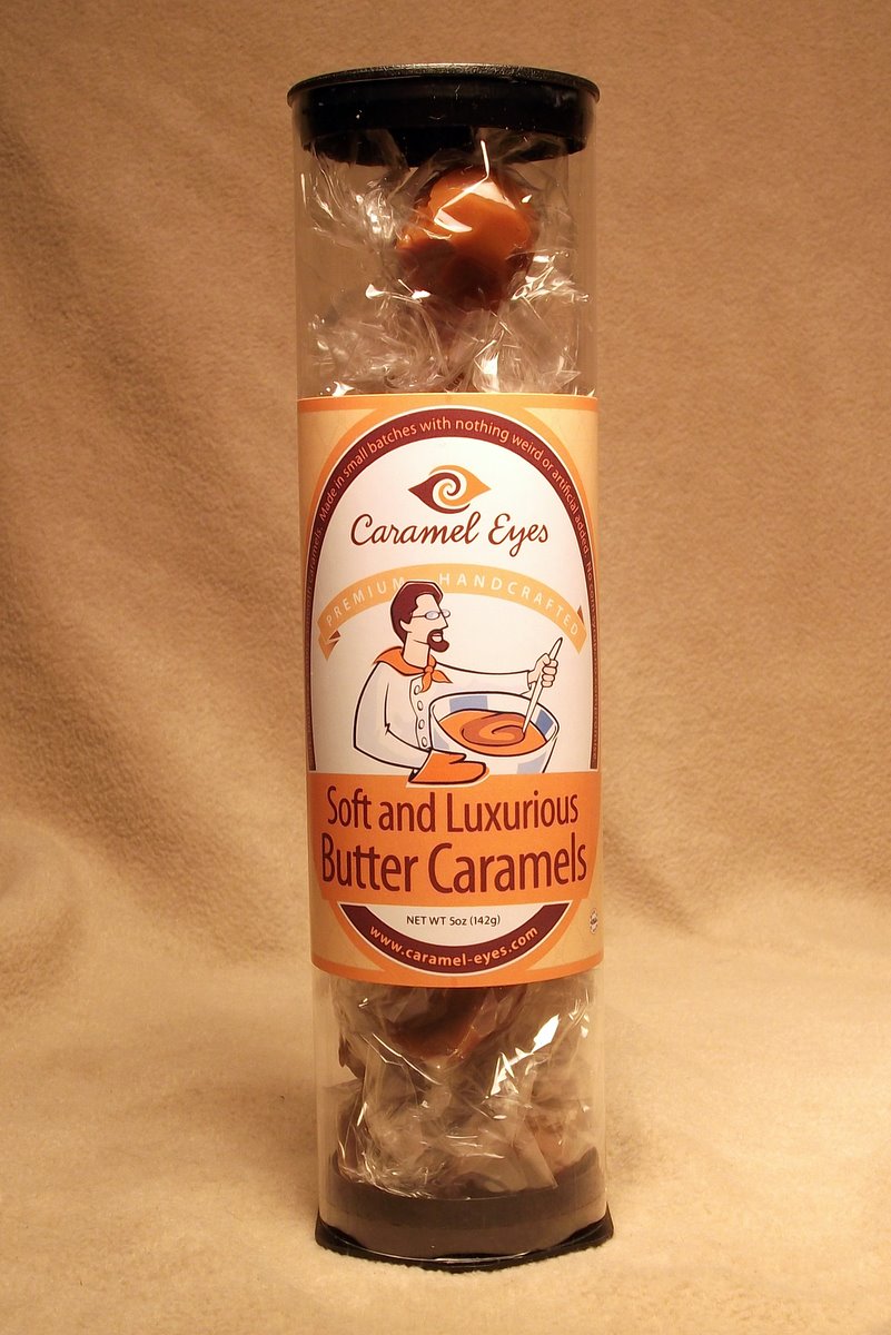 8 inch tall tube of vanilla caramels