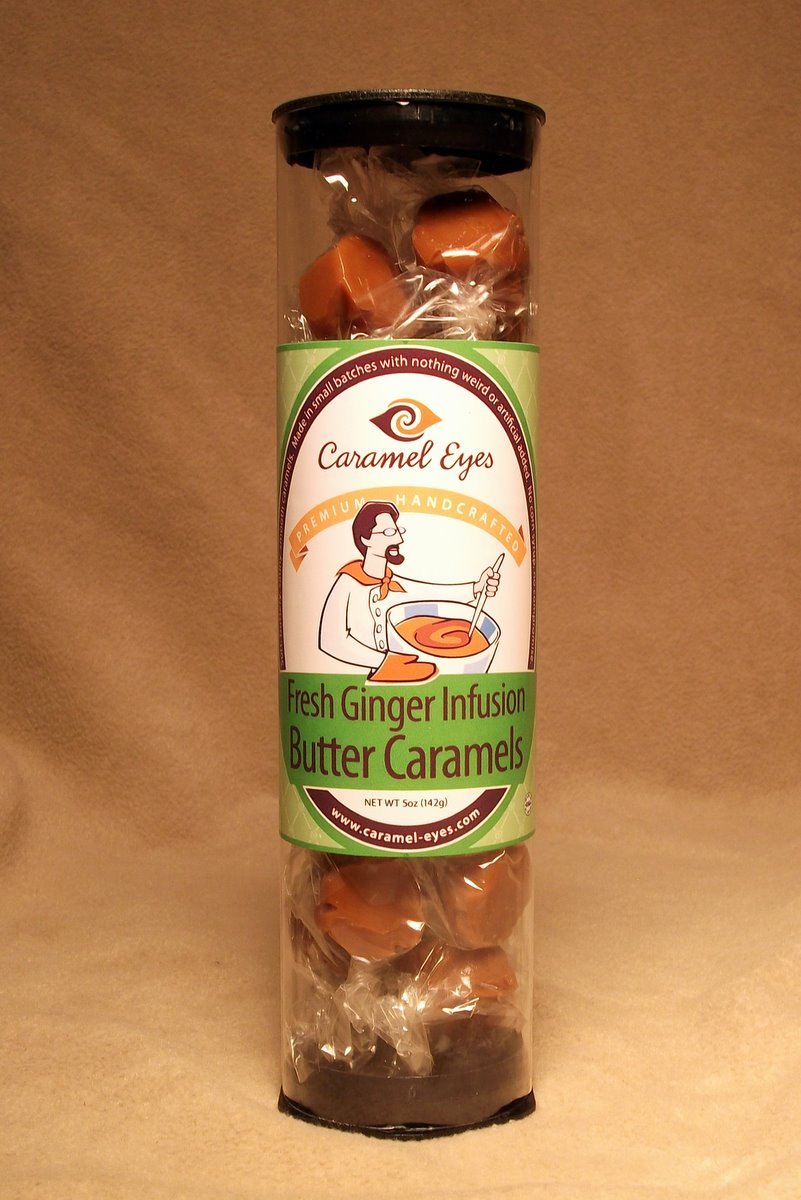 8 inch tall tube of fresh ginger caramels