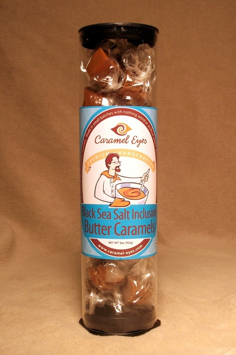 8 inch tall tube of salted vanilla caramels